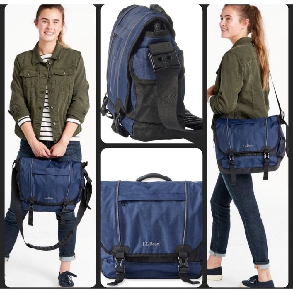 LL Bean Messenger Bag Navy Blue Ripstop Nylon Padded Strap Crossbody Laptop Bag